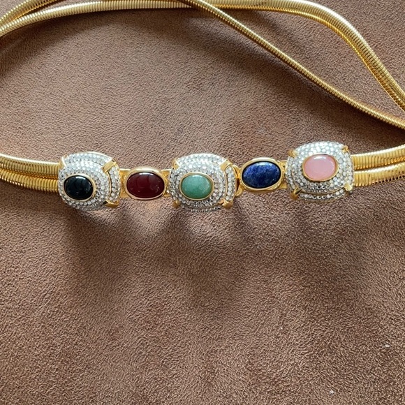 JUDITH LEIBER jewel double strand gold belt S cabochon crystal serepentine RARE